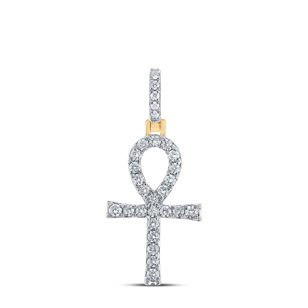 10K Yellow Gold Mens Round Diamond Ankh Cross Charm Pendant 1/2 Cttw, Length: 1.32 In, Width: 0.53 In