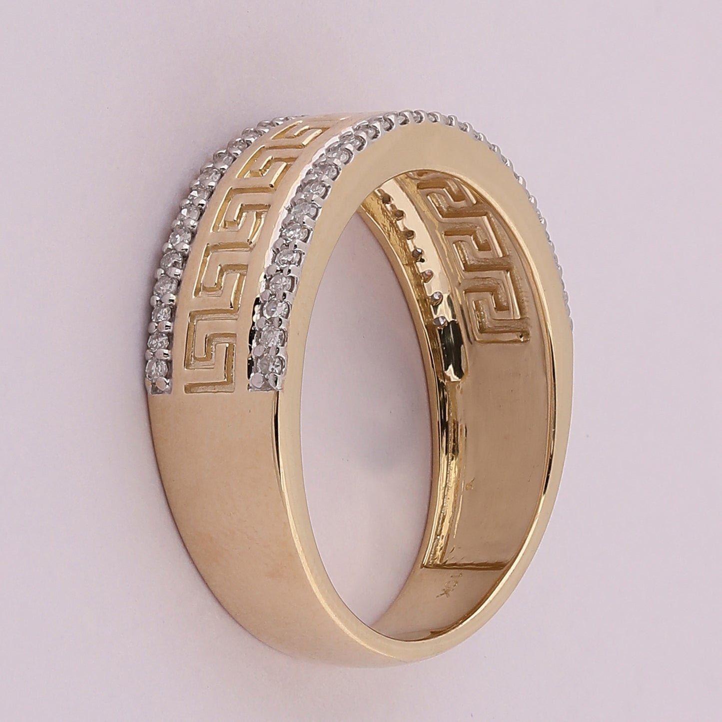 10K Yellow Gold Mens Round Diamond Wedding Greek Key Band Ring 1/3 Cttw, Mens Size: 7-13