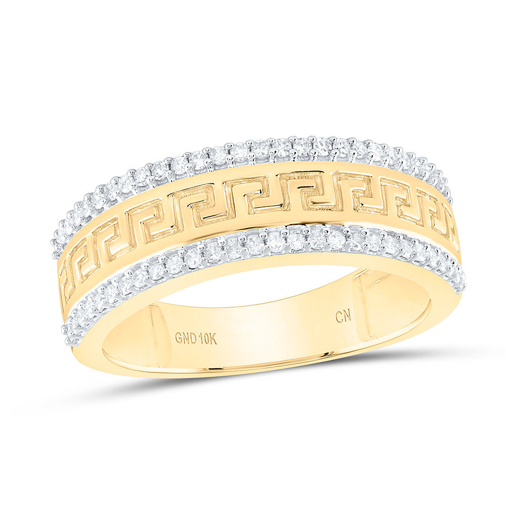 10K Yellow Gold Mens Round Diamond Wedding Greek Key Band Ring 1/3 Cttw, Mens Size: 7-13