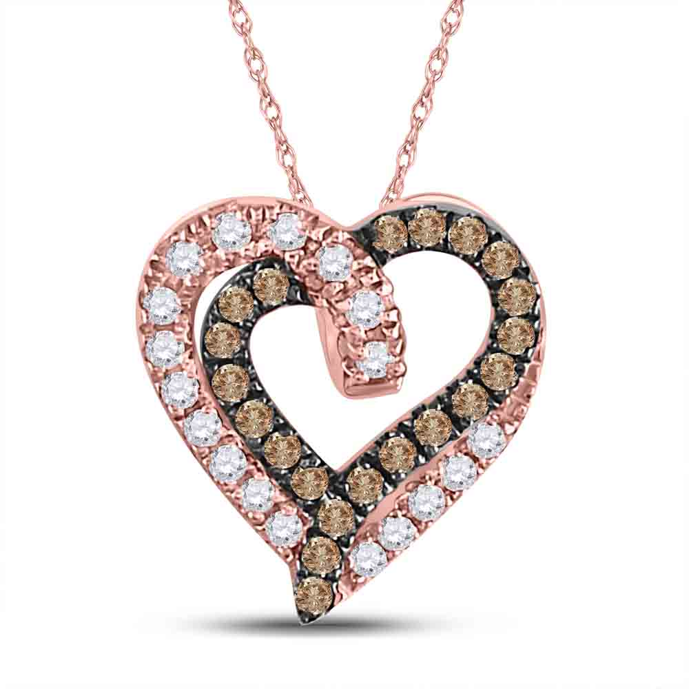 10K Rose Gold Womens Round Brown Diamond Heart Pendant 1/3 Cttw