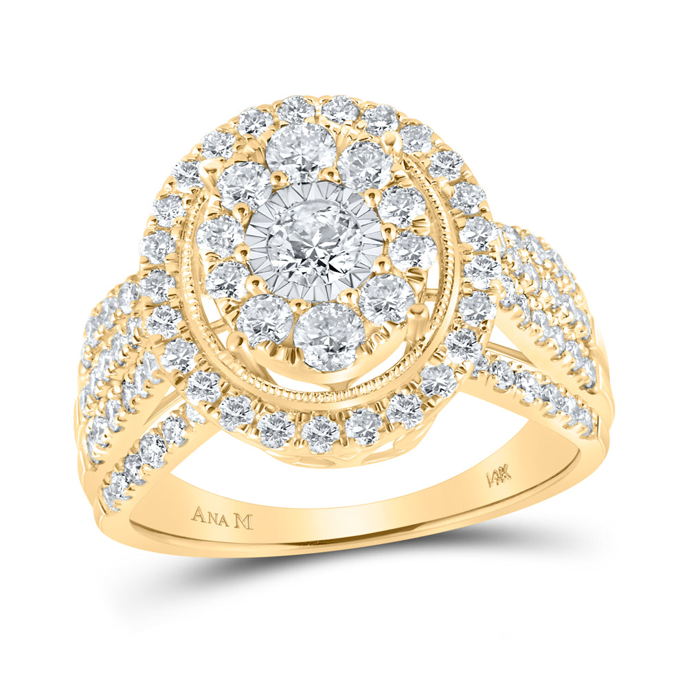14K Yellow Gold Round Diamond Cluster Oval Bridal Wedding Engagement Ring 1-1/2 Cttw, Womens Size: 5-10