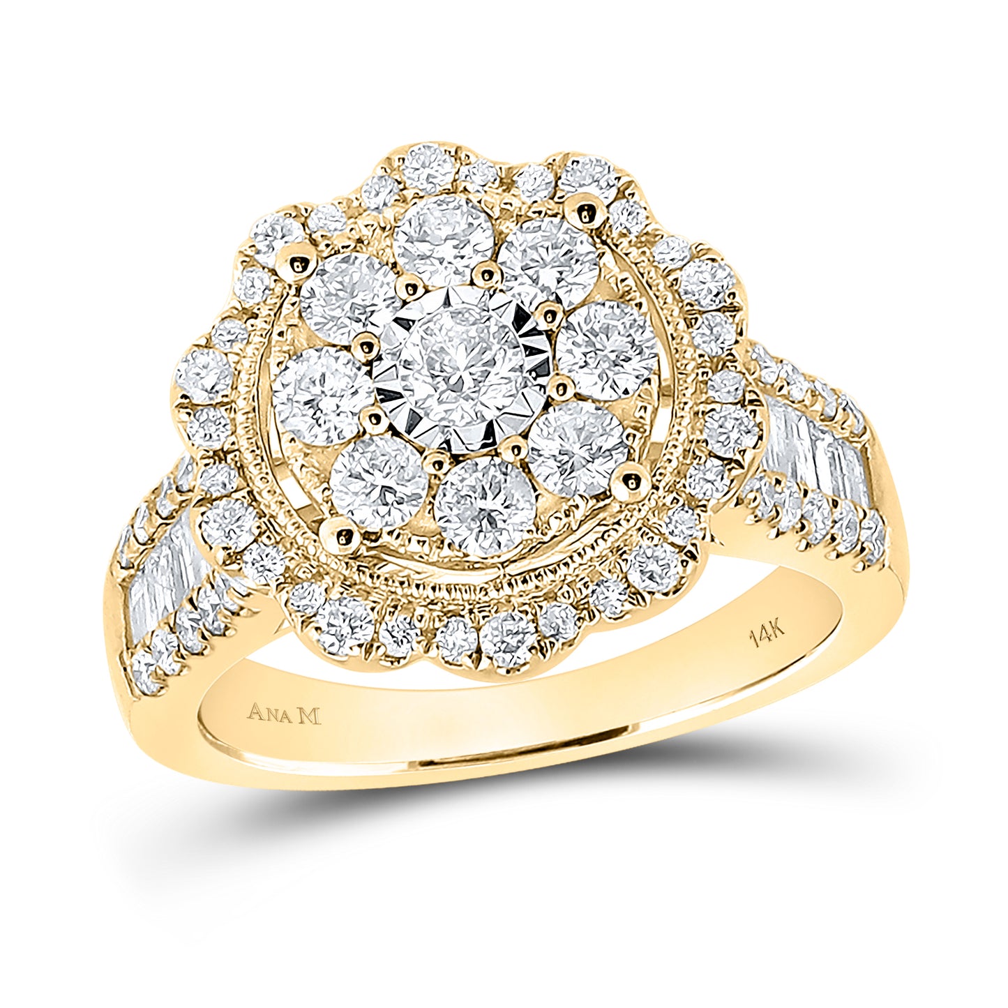 14K Yellow Gold Womens Round Diamond Flower Cluster Ring 1-5/8 Cttw, Womens Size: 5-10