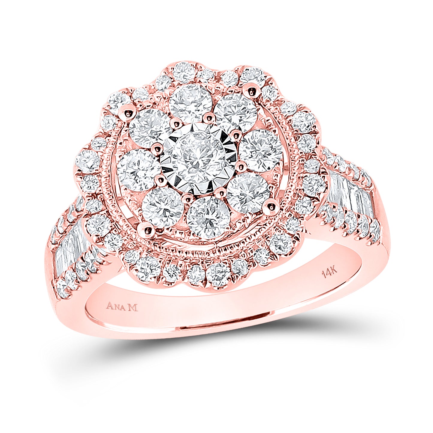 14K Rose Gold Womens Round Diamond Floral Cluster Bridal Wedding Engagement Ring 1-5/8 Cttw, Womens Size: 5-10