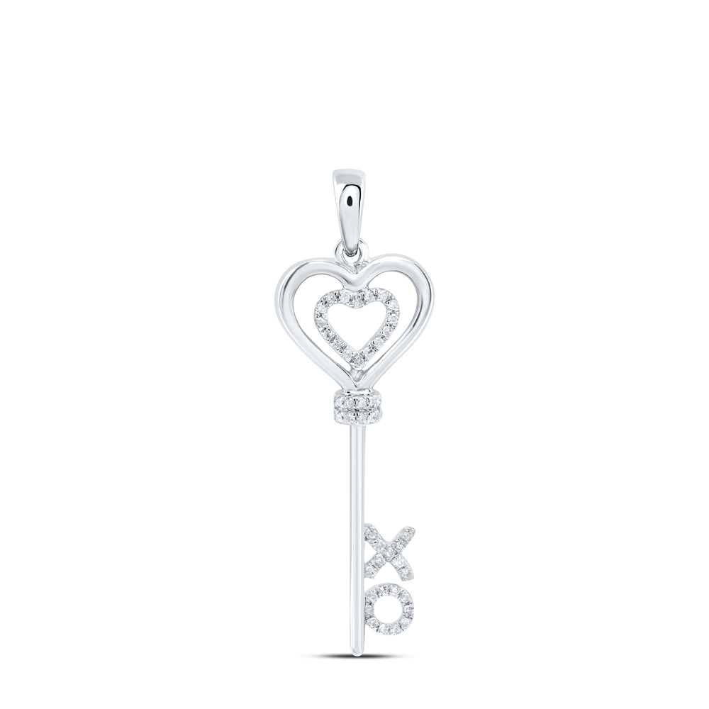 Sterling Silver Womens Round Diamond Heart XO Key Pendant 1/8ctw