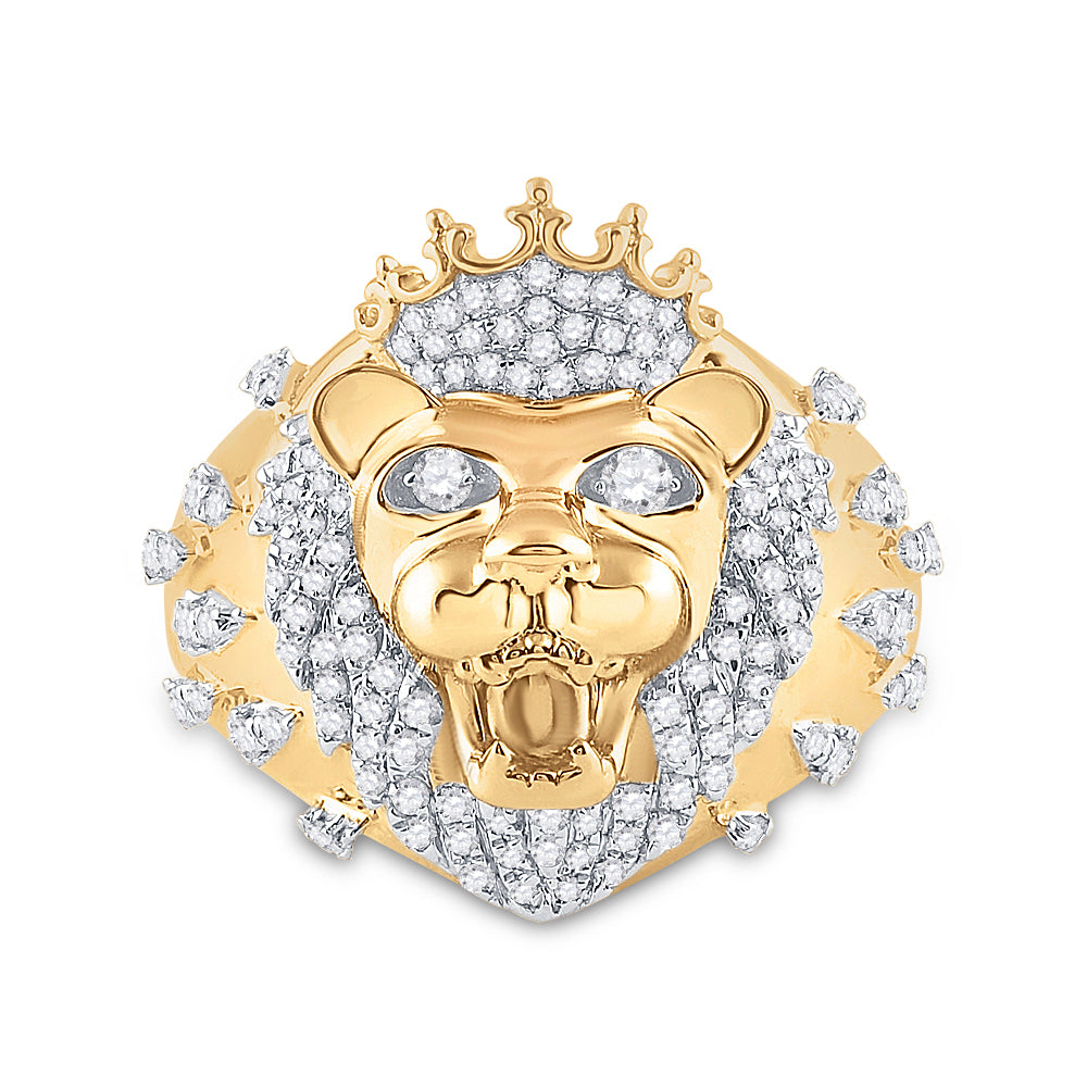 10K Yellow Gold Mens Round Diamond Lion Head Crown Animal Ring 7/8 Cttw, Mens Size: 7-13