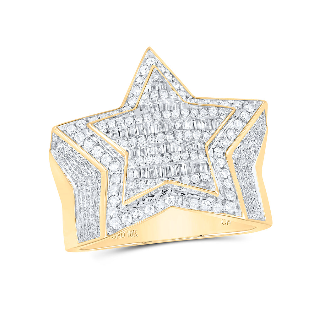 10K Yellow Gold Mens Baguette Diamond Statement Star Ring 1-1/4 Cttw, Mens Size: 7-13