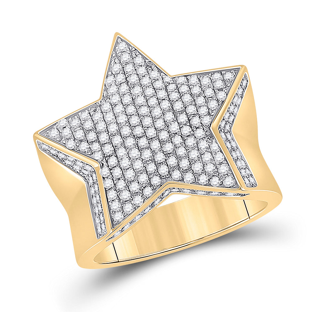 10K Yellow Gold Mens Round Diamond Star Statement Ring 1-1/2 Cttw, Mens Size: 7-13