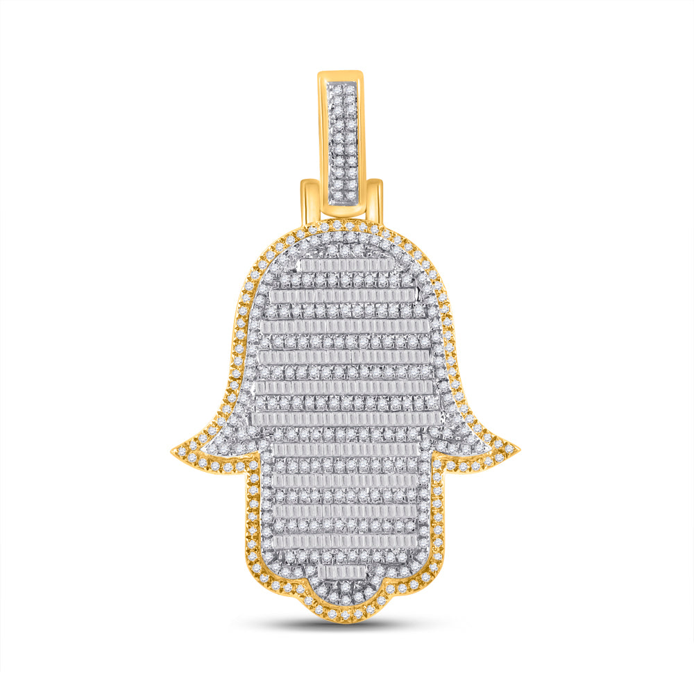 10K Yellow Gold Mens Baguette Diamond Hamsa Charm Pendant 2 Cttw, Length: 1.9 In, Width: 1.22 In