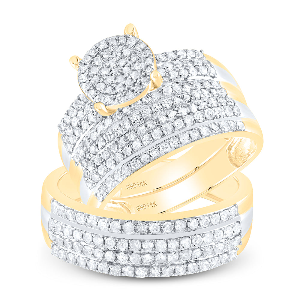 14K Yellow Gold His Hers Round Diamond Cluster Matching Wedding Set 1-1/3 Cttw, Womens Size: 5-10, Mens Size: 7-13