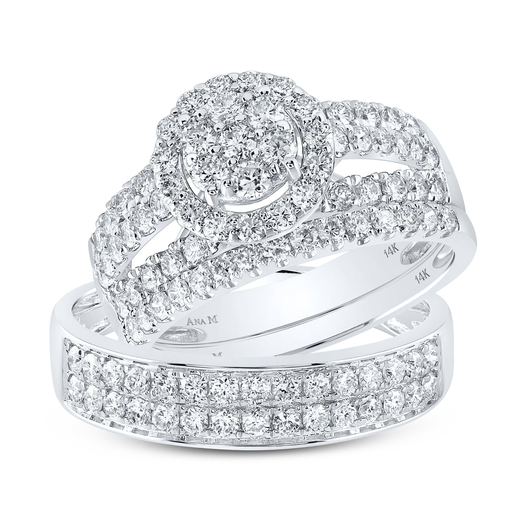 14K White Gold His Hers Round Diamond Cluster Matching Wedding Set 1-3/4 Cttw, Womens Size: 5-10, Mens Size: 7-13