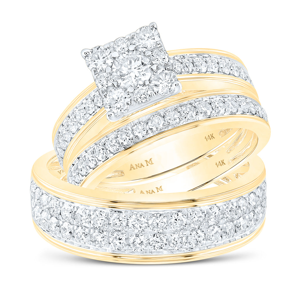 14K Yellow Gold His Hers Round Diamond Cluster Matching Wedding Set 2-1/5 Cttw, Womens Size: 5-10, Mens Size: 7-13