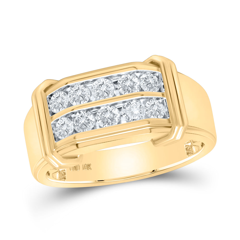 10K Yellow Gold Mens Round Diamond Double Row Band Ring 7/8 Cttw, Mens Size: 7-13