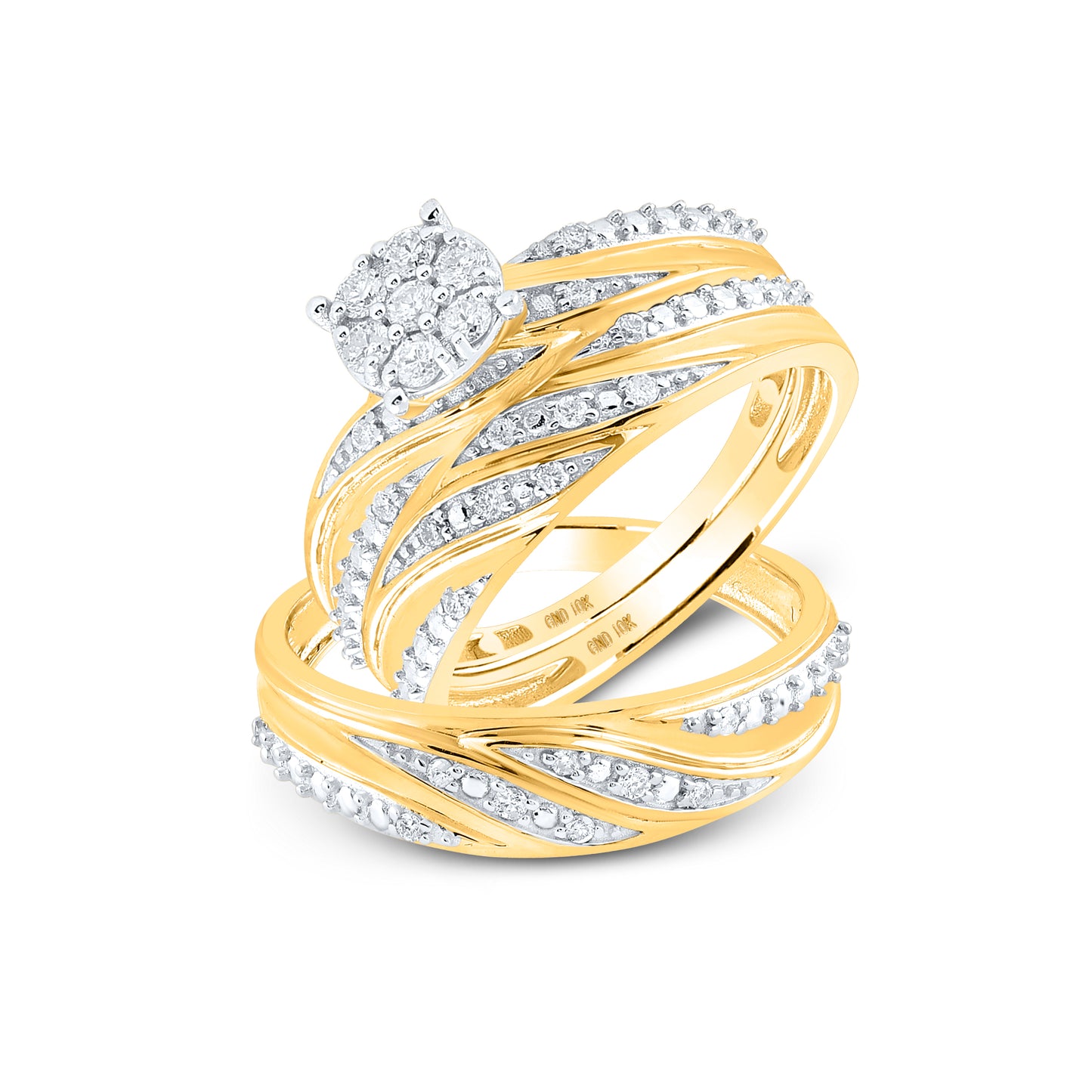 10K Yellow Gold His Hers Round Diamond Cluster Matching Wedding Set 1/3ctw, Women's Size: 5-10, Mens Size: 7-13