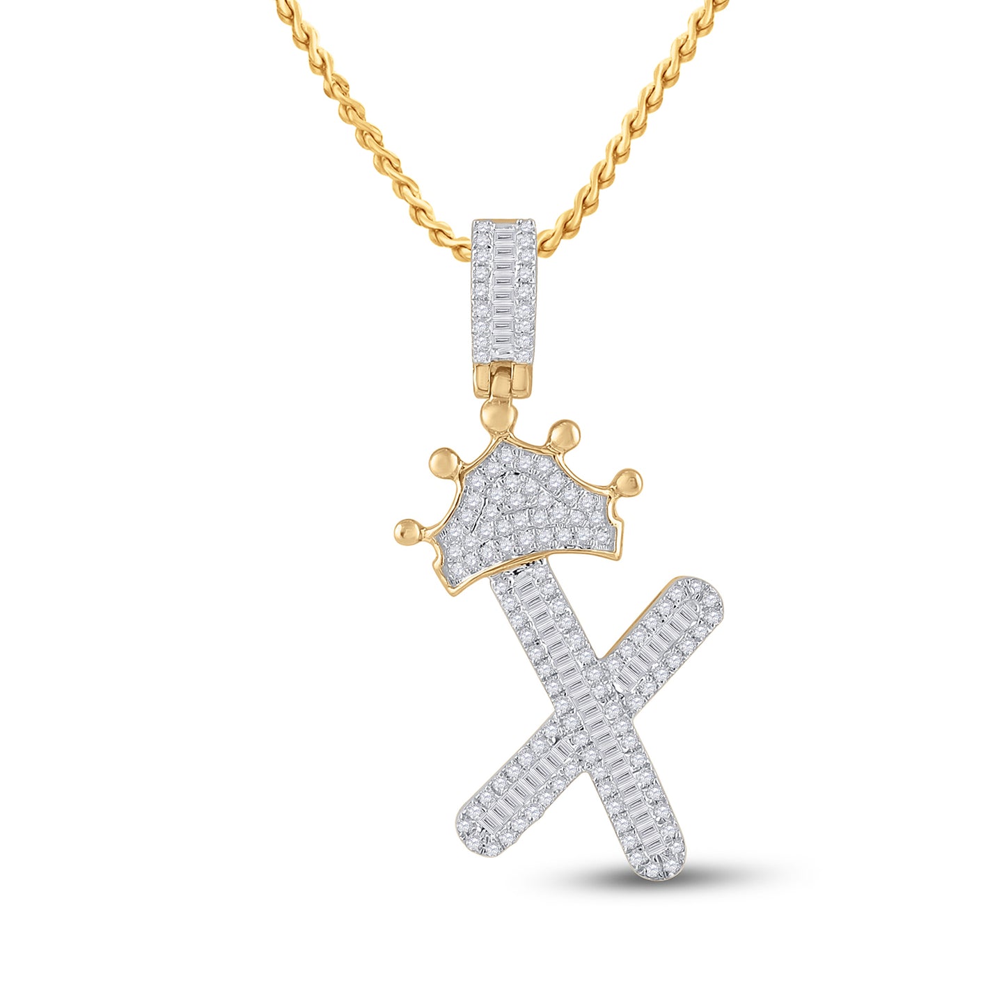 10K Yellow Gold Mens Baguette Diamond Crown LetterCharm Pendant