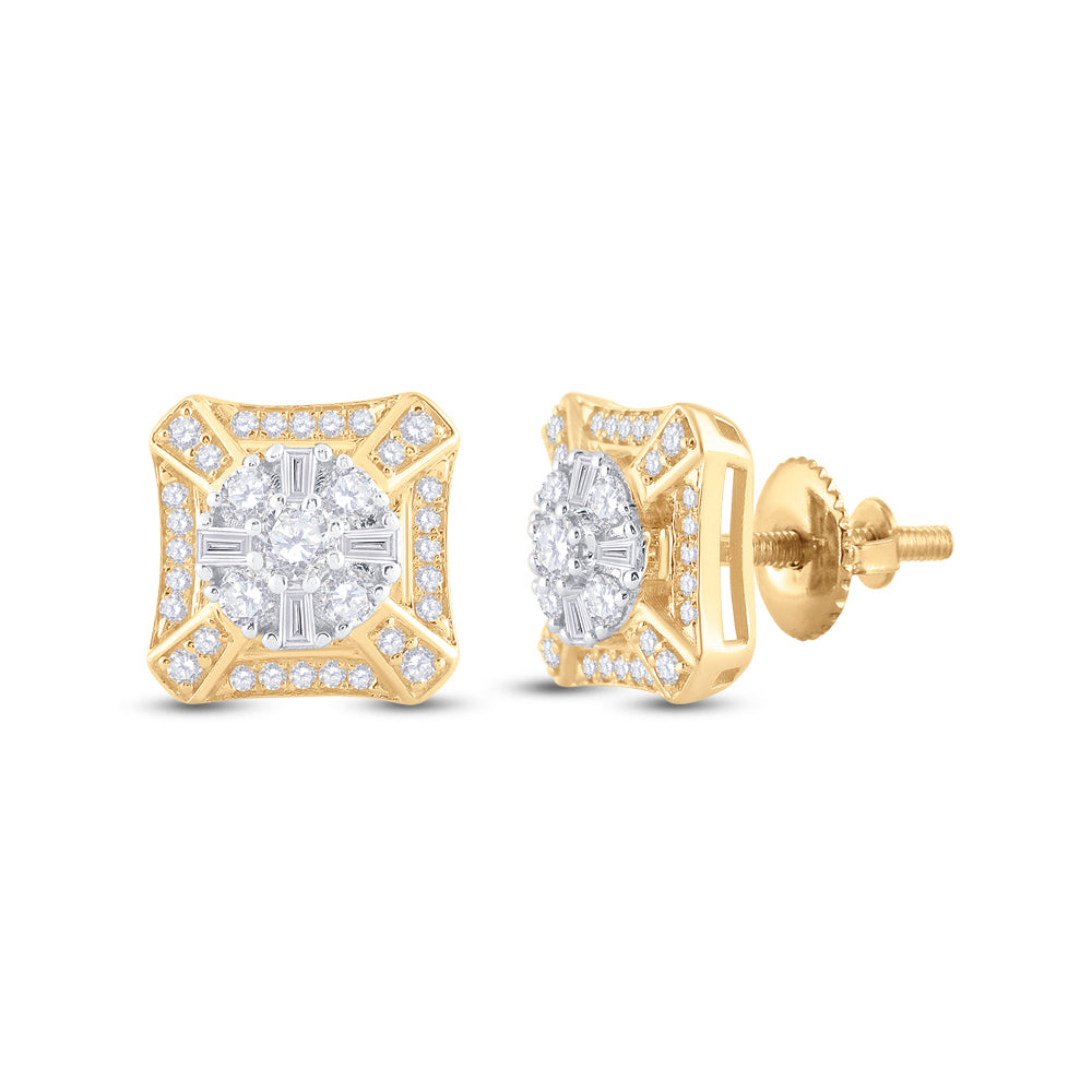 14K Yellow Gold Baguette Diamond Square Cluster Earrings 3/4 Cttw