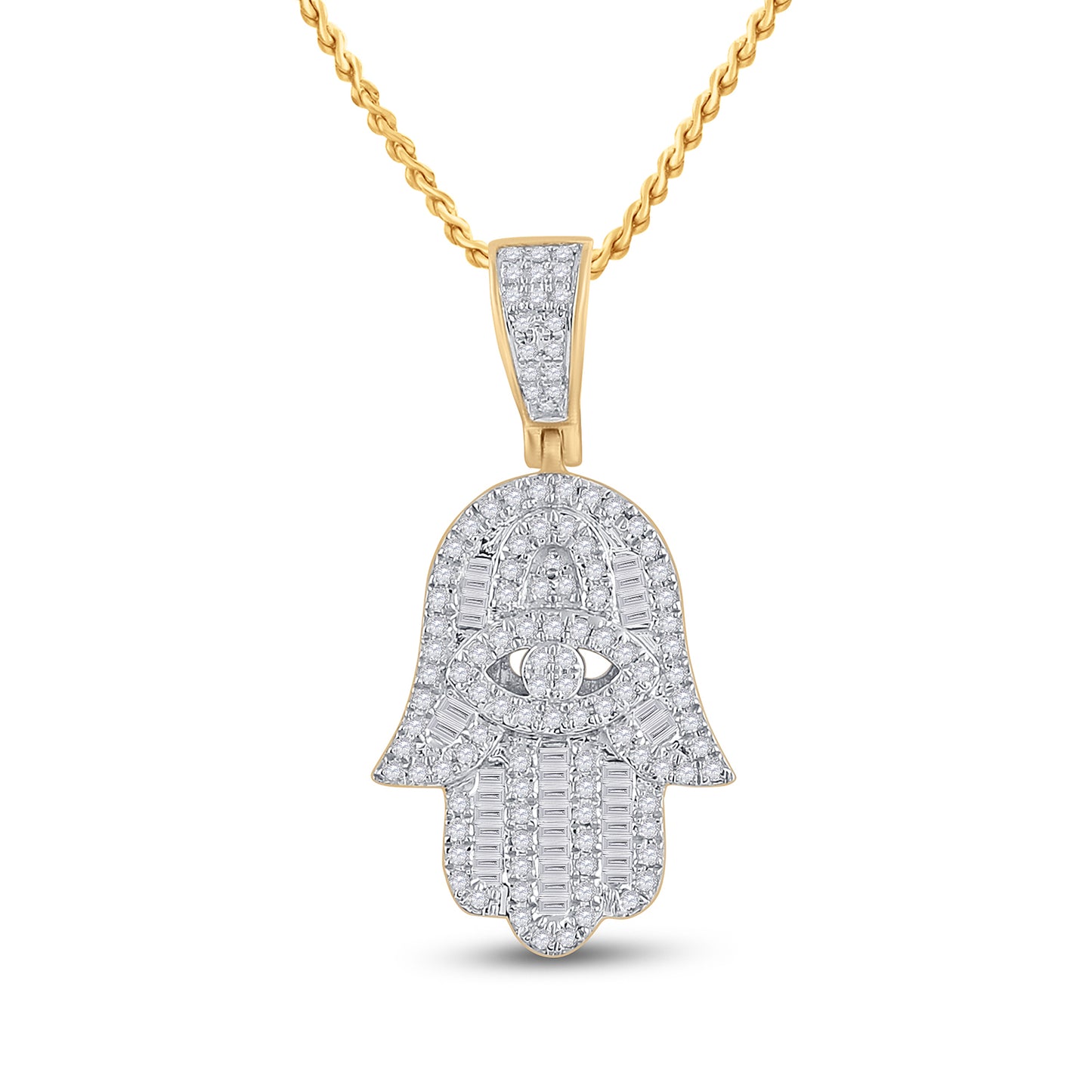 14K Yellow Gold Mens Baguette Diamond Hamsa Hand Charm Pendant 1/2 Cttw, Length: 1.17 In, Width: 0.59 In