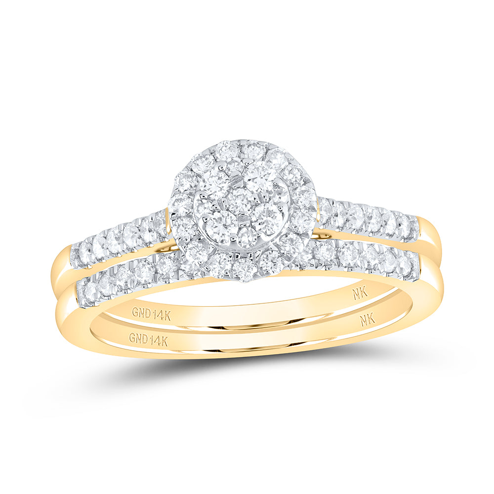 14K Yellow Gold Round Diamond Cluster Bridal Wedding Ring Band Set 1/2 Cttw, Womens Size: 5-10