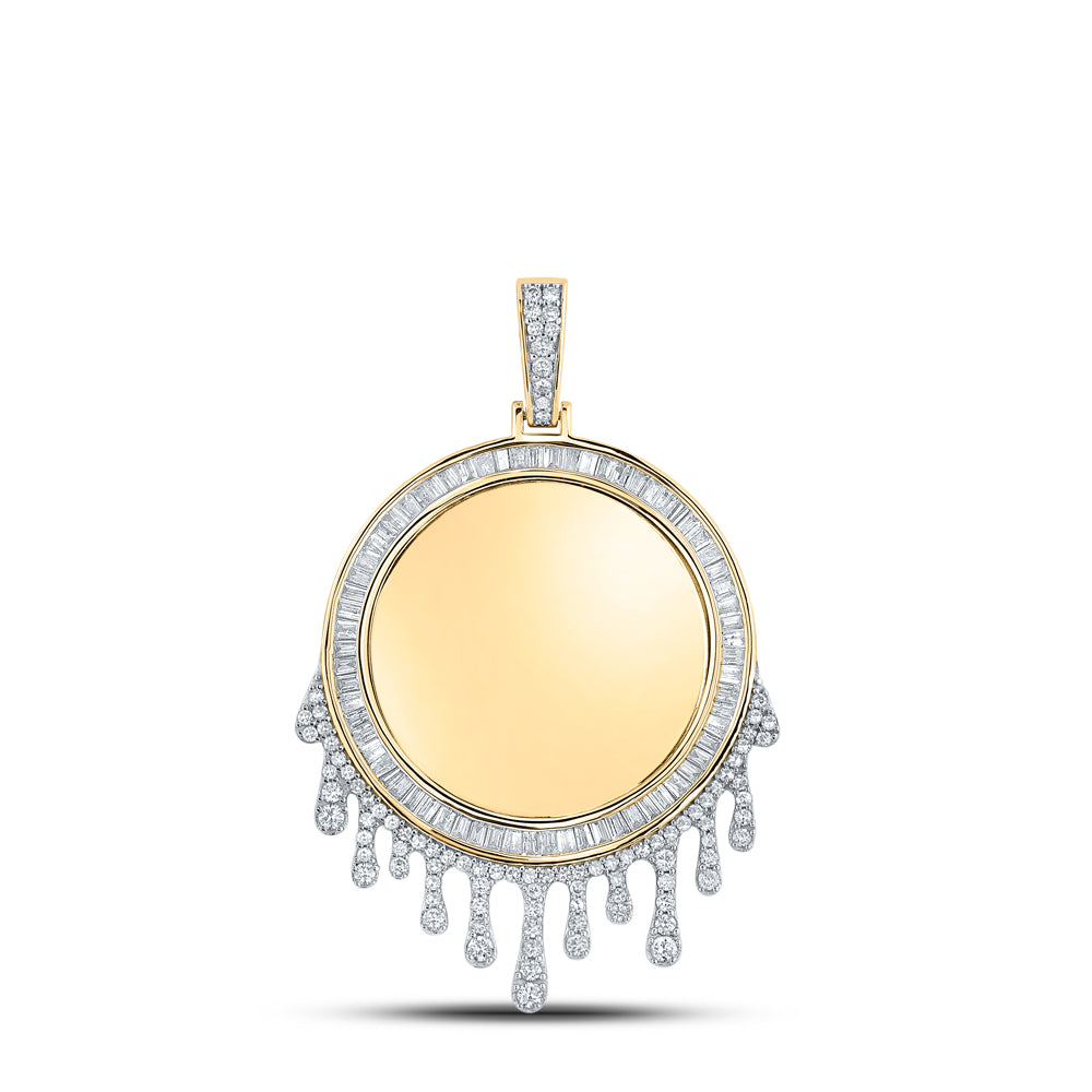 10K Yellow Gold Mens Baguette Diamond Dripping Circle Picture Memory Pendant 1-7/8 Cttw, Length: 2.95 In