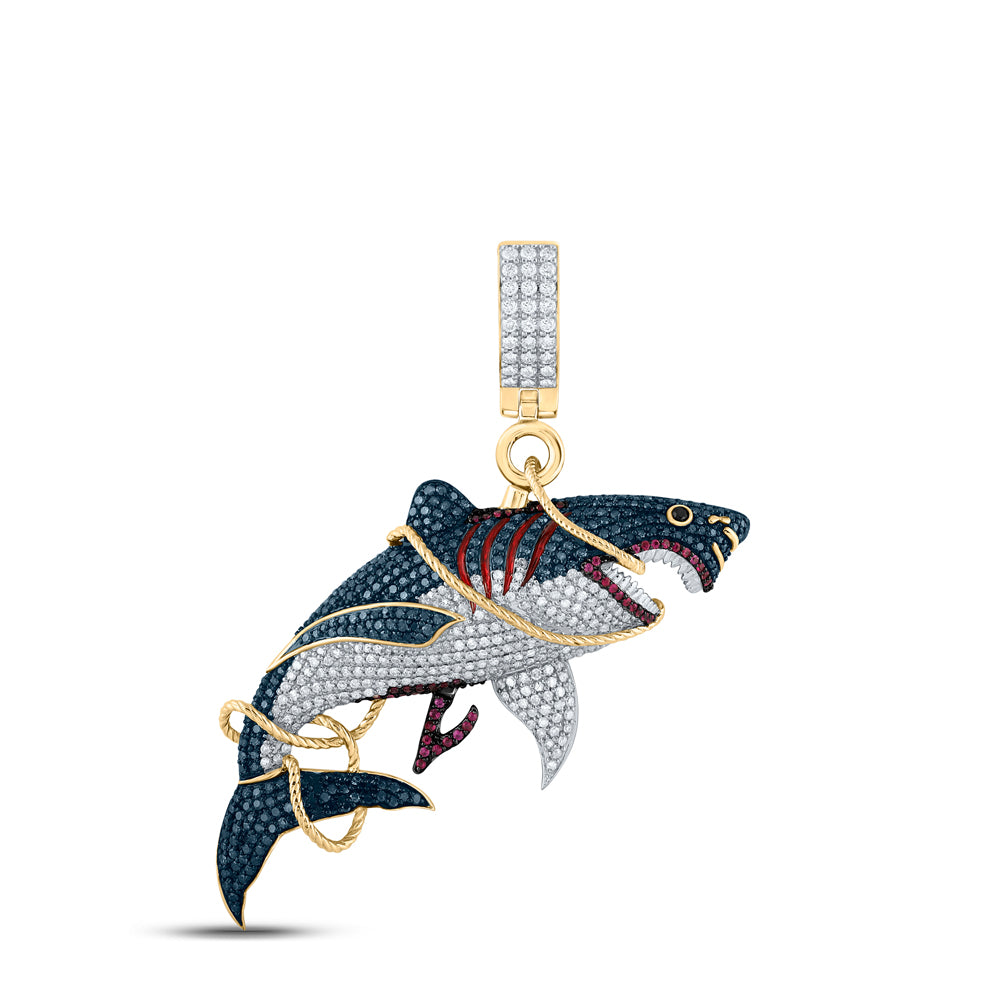 14kt Yellow Gold 2 3/4 Cttw Diamond and 1/4ct-ruby Shark Mens Charm