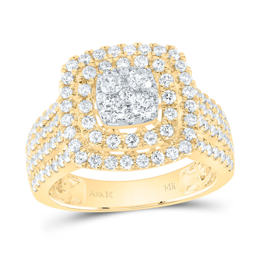 14K Yellow Gold Womens Round Diamond Square Cluster Ring 1-1/2 Cttw, Womens Size: 5-10
