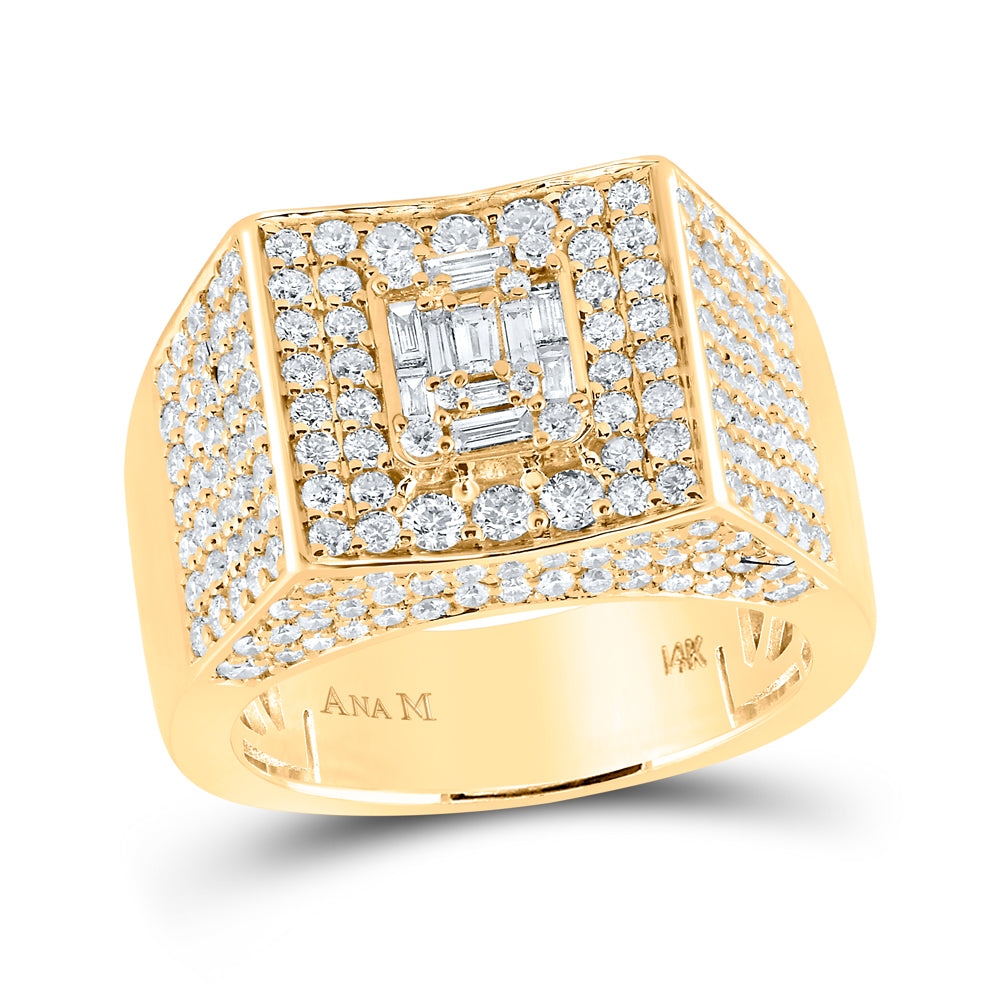 14K Yellow Gold Mens Baguette Diamond Square Ring 2-3/4 Cttw, Mens Size: 7-13
