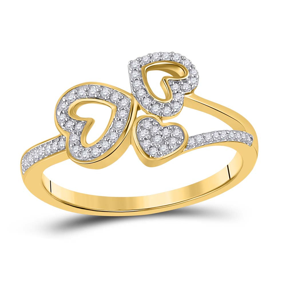 10K Yellow Gold Womens Round Diamond Triple Heart Ring 1/6 Cttw, Womens Size: 5-10