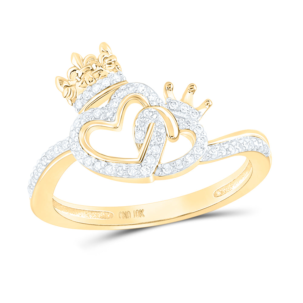 10K Yellow Gold Womens Round Diamond King Queen Heart Ring 1/6 Cttw, Womens Size: 5-10
