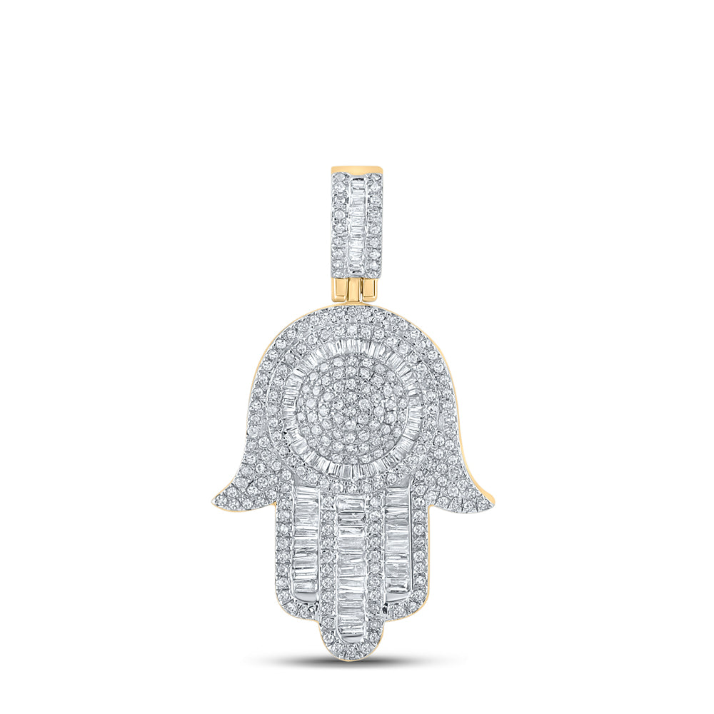10K Yellow Gold Mens Baguette Diamond Hamsa Charm Pendant 1 Cttw, Length: 1.47 In, Width: 0.85 In