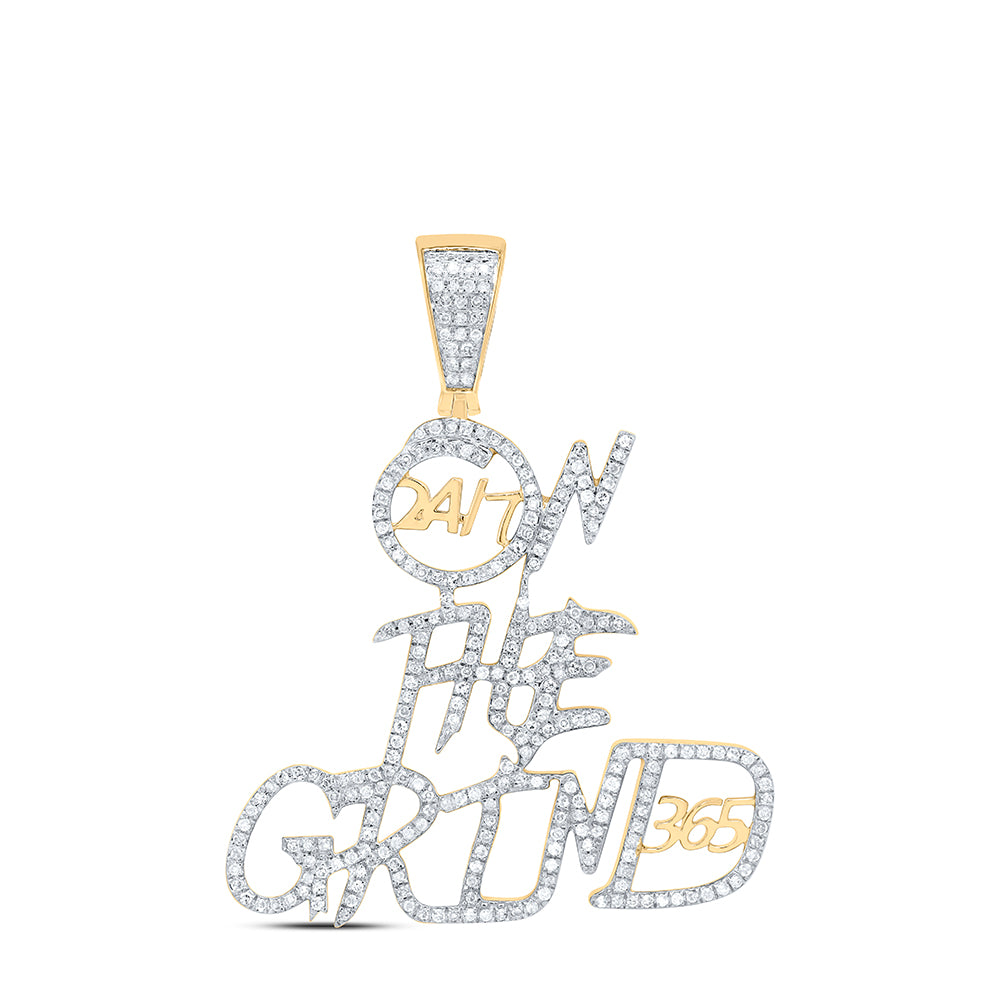 10K Yellow Gold Mens Round Diamond On The Grind Phrase Charm Pendant 3/4 Cttw, Length: 1.88 In, Width: 1.47 In