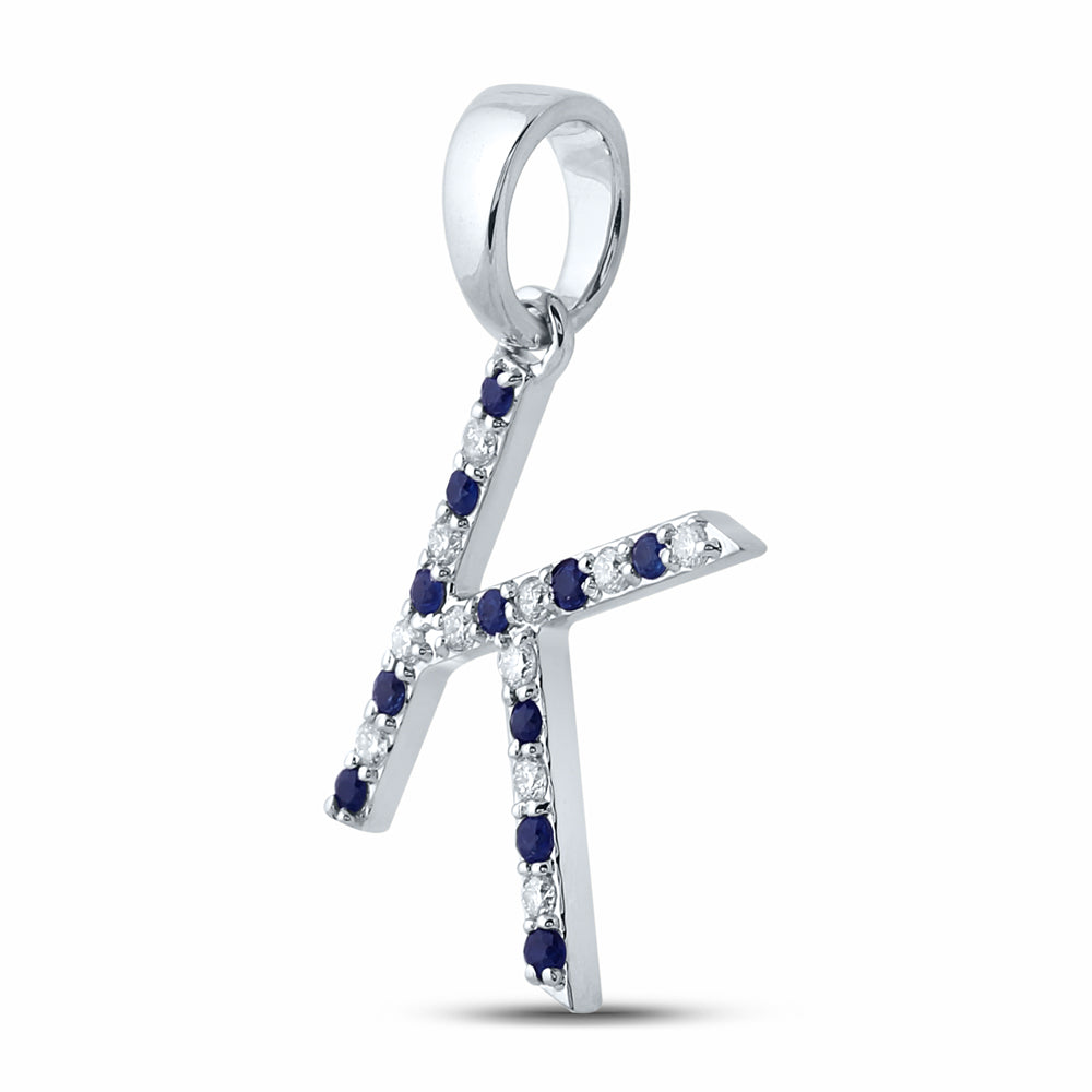 10kt White Gold 1/10ct Diamond Cn 1/10ct-blue Sapp Natural Gem Initial "k" Pendant