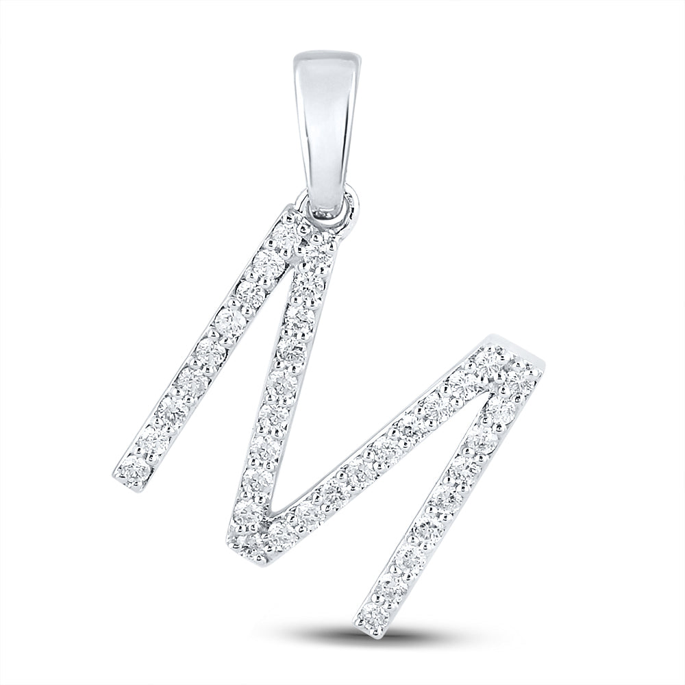 10K White Gold Womens Round Diamond M Initial Letter Pendant 1/4 Cttw, Length: 0.8 In, Width: 0.46 In