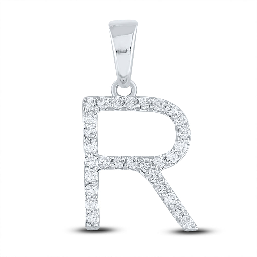 10K White Gold Womens Round Diamond R Initial Letter Pendant 1/5 Cttw, Length: 0.8 In, Width: 0.46 In