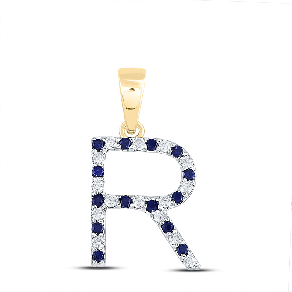 10kt Yellow Gold 1/10ct Diamond Cn 1/8ct-blue Sapp Natural Gem Initial "r" Pendant