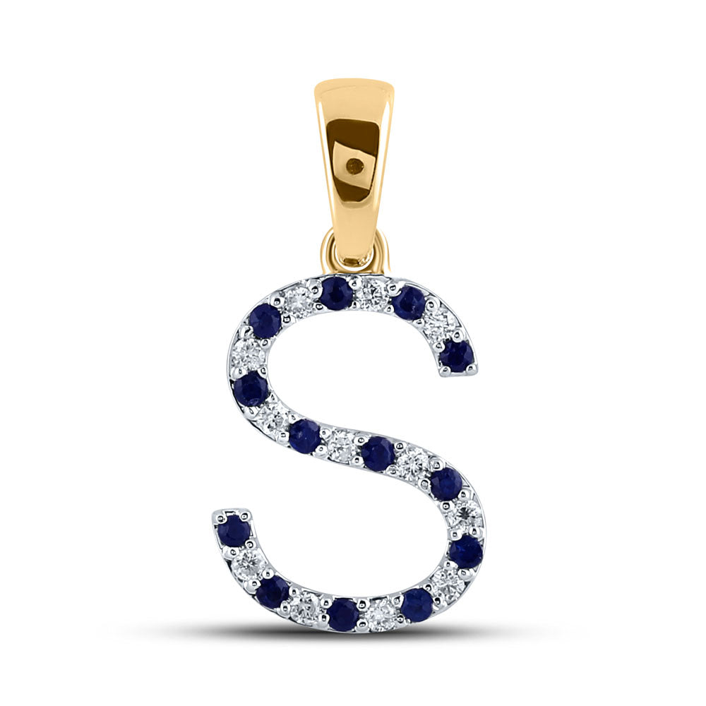 10K Yellow Gold Womens Round Blue Sapphire Diamond S Letter Pendant 1/4 Cttw, Length: 0.83 In, Width: 0.41 In
