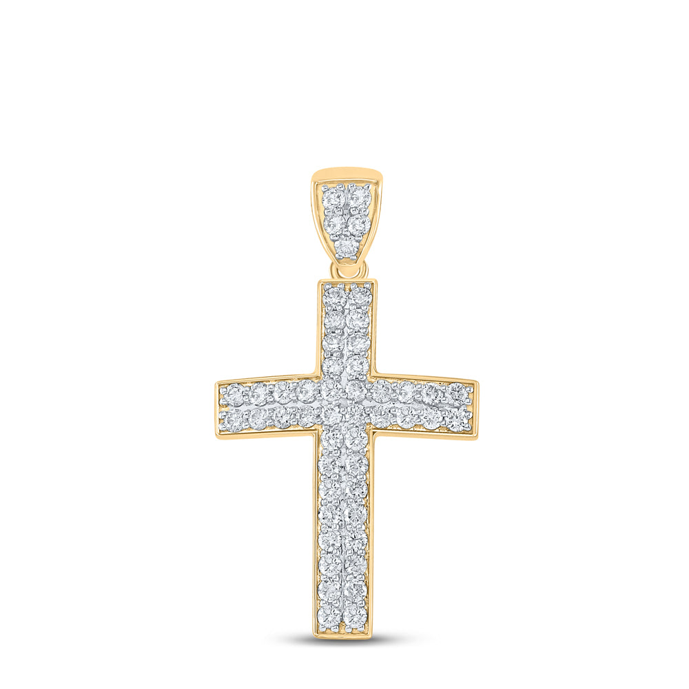 10K Yellow Gold Men's Round Diamond Cross Charm Pendant 1ctw