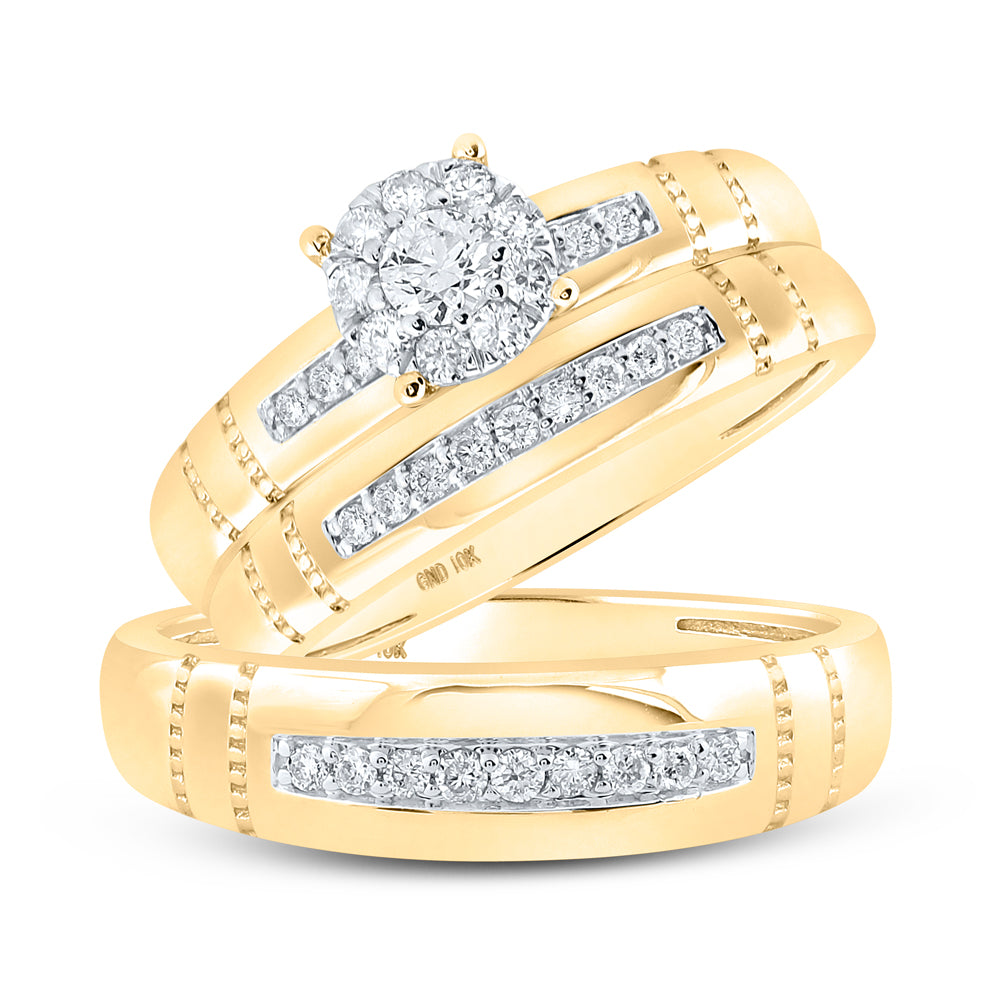 10K Yellow Gold His Hers Round Diamond Cluster Matching Wedding Set 1/2ctw, Womens Size: 5-10, Mens Size: 7-13