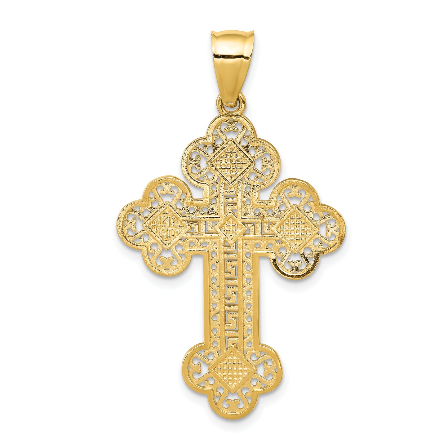 14K Yellow Gold Budded Greek Key Cross Pendant