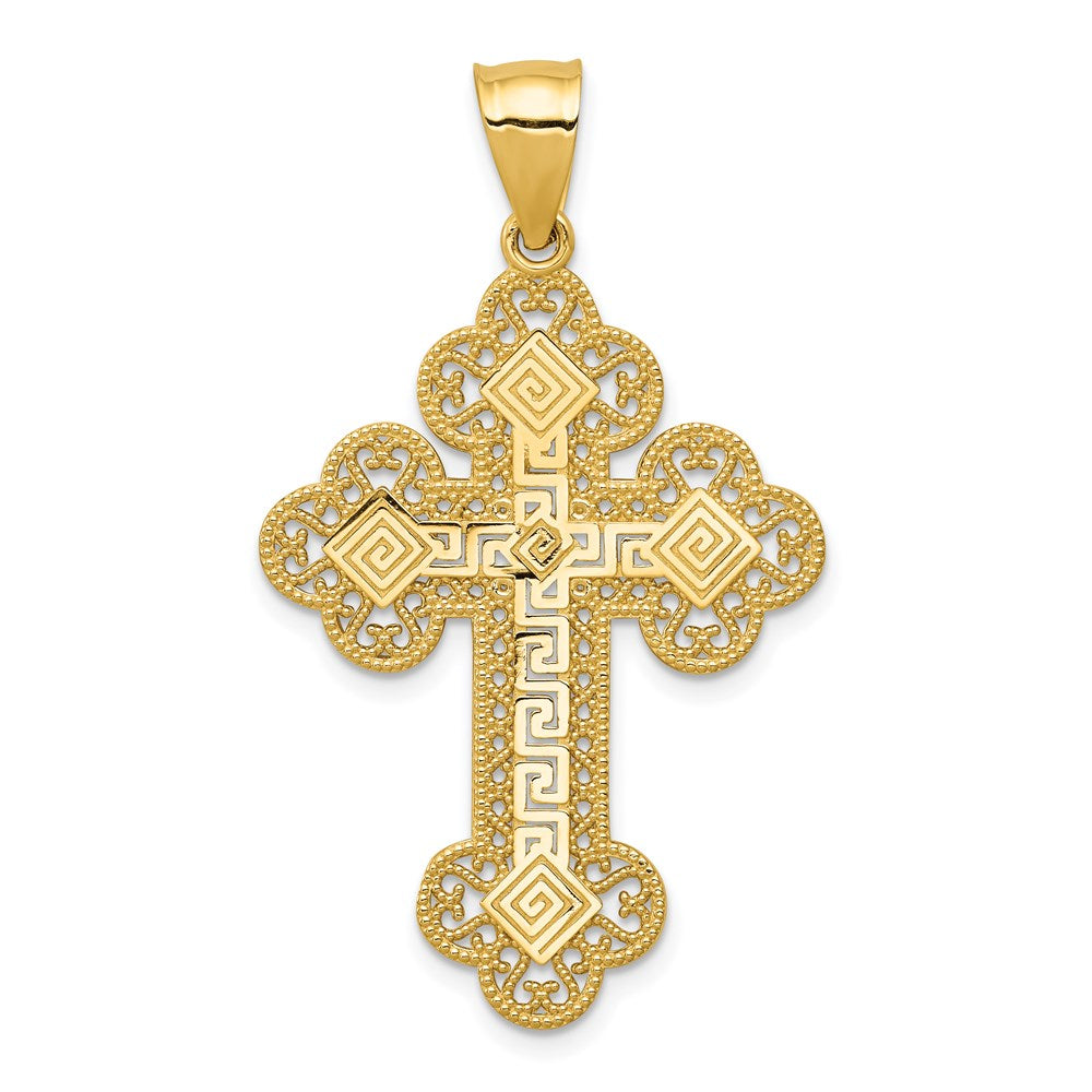 14K Yellow Gold Budded Greek Key Cross Pendant