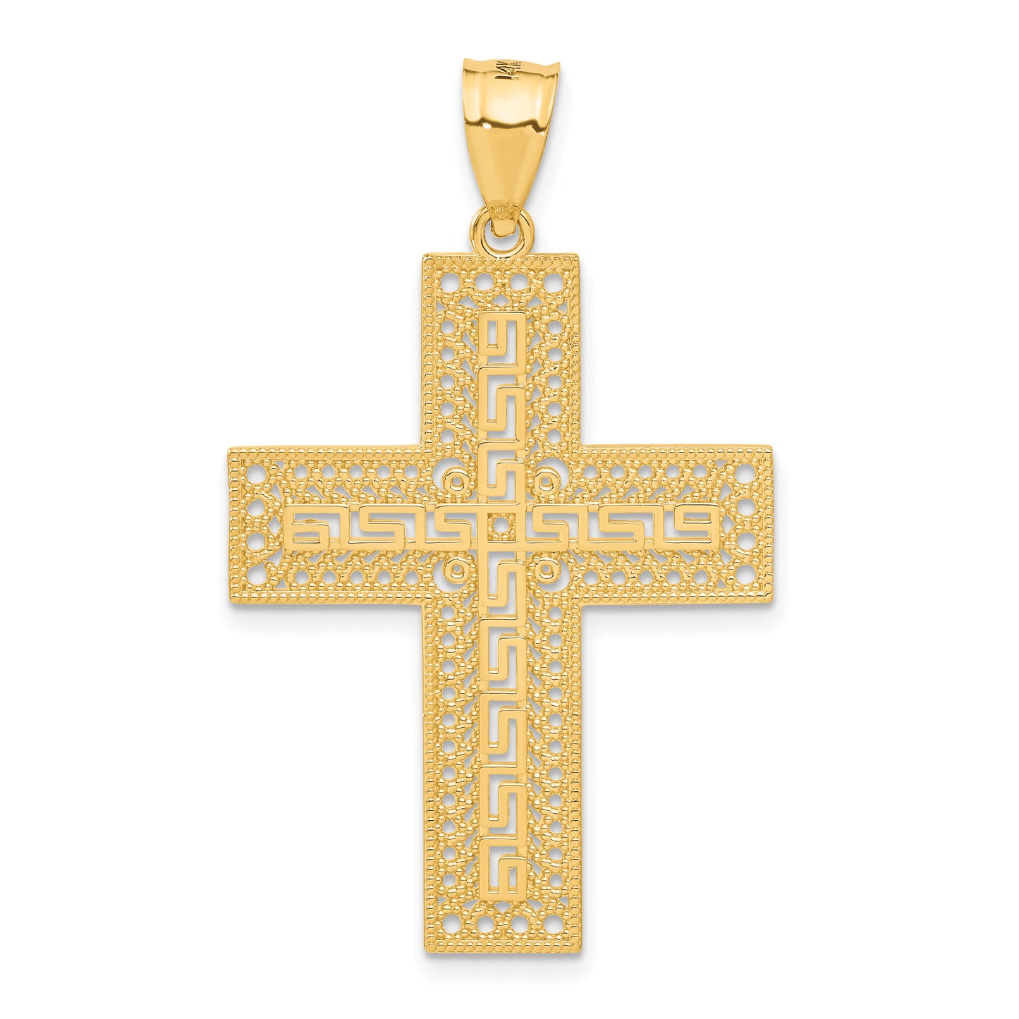 14K Yellow Gold Greek Key Filigree Cross Pendant