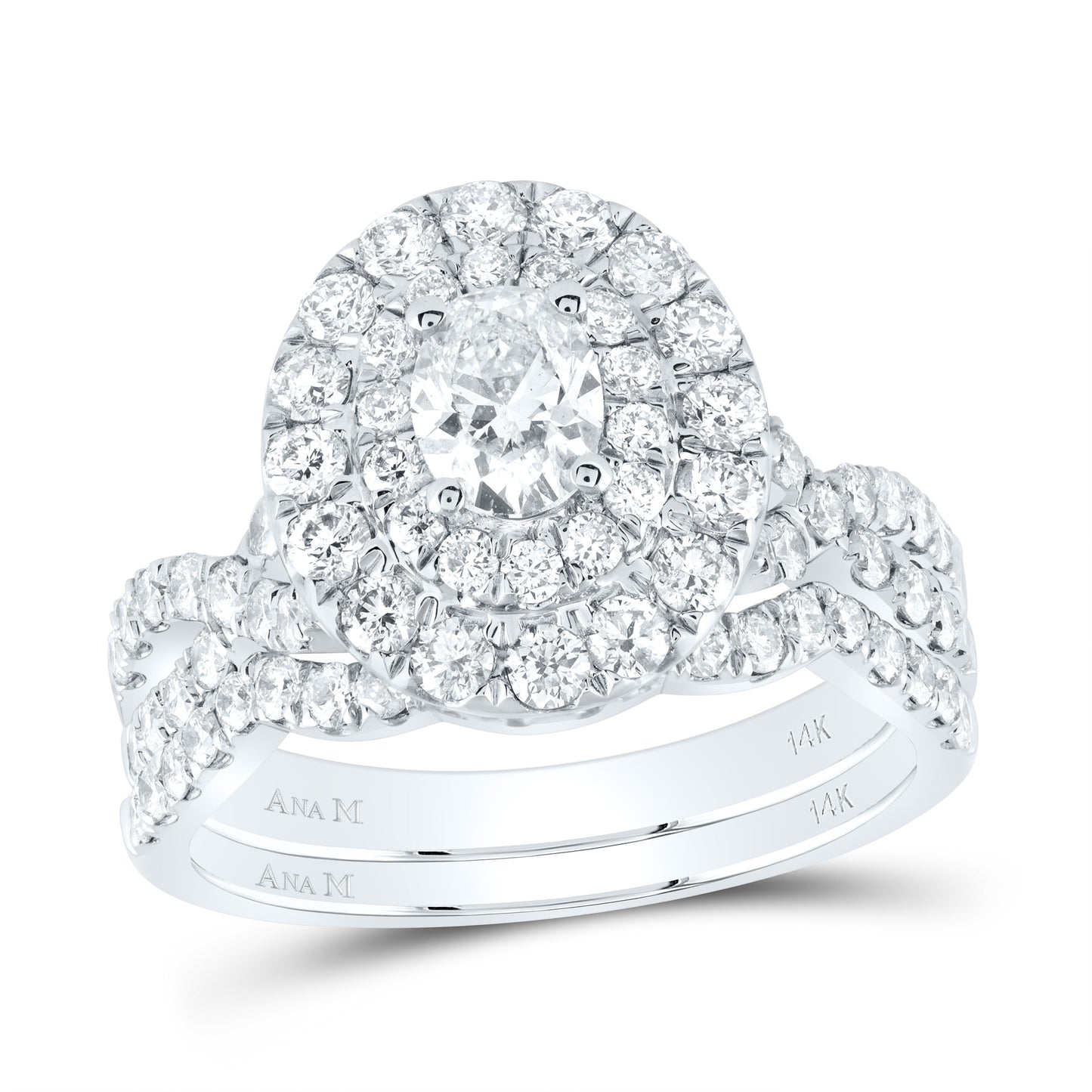 14K White Gold Oval Dia. Halo Bridal Wedding Ring Band Set 2ctw, Women's Size: 5-10