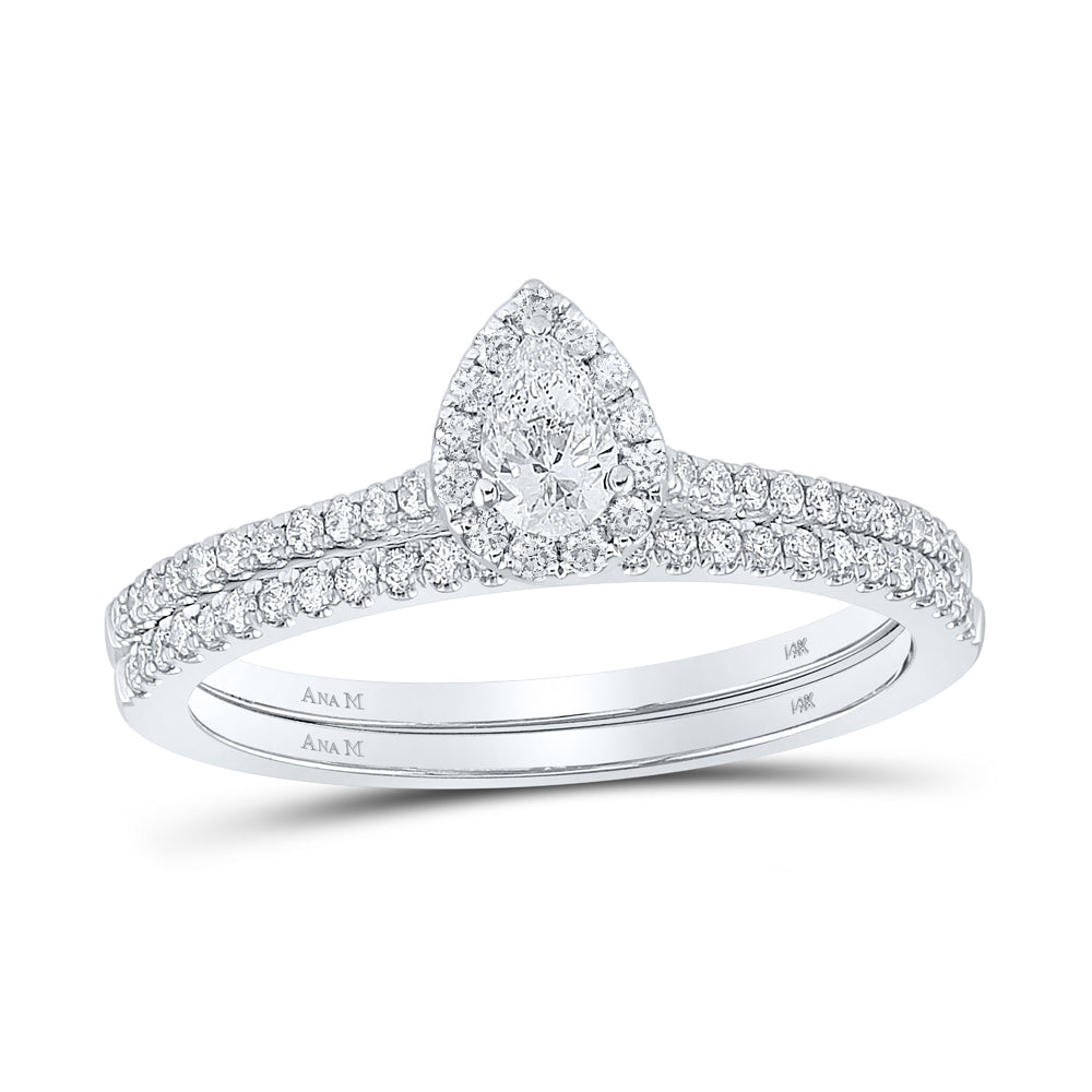 14kt White Gold 1/2 Cttw Diamond Ana M and 1/5 Cttw Pear Wedding Engagement Anniversary Bridal Set Single Halo, Women Size: 5-9
