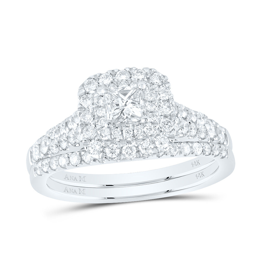 14K White Gold Princess Dia. Halo Bridal Wedding Band Set 1ctw, Women's Size: 5-10