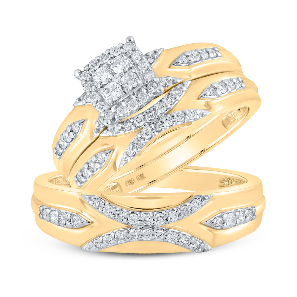10K Yellow Gold His Hers Round Dia. Cluster Matching Wedding Set 1/2ctw, Women's Size: 5-10, Men's Size: 7-13