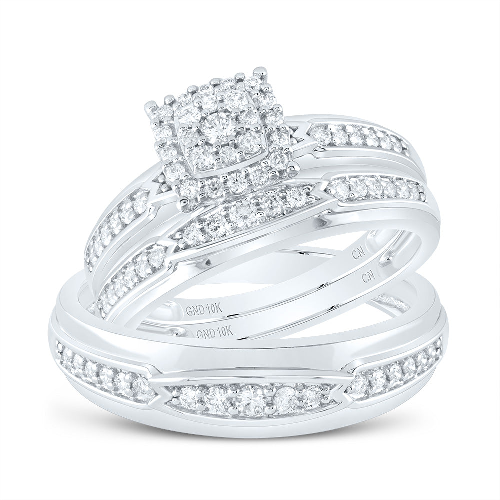 10K White Gold His Hers Round Dia. Square Matching Wedding Set 1/2ctw, Women's Size: 5-10, Mens Size: 7-13