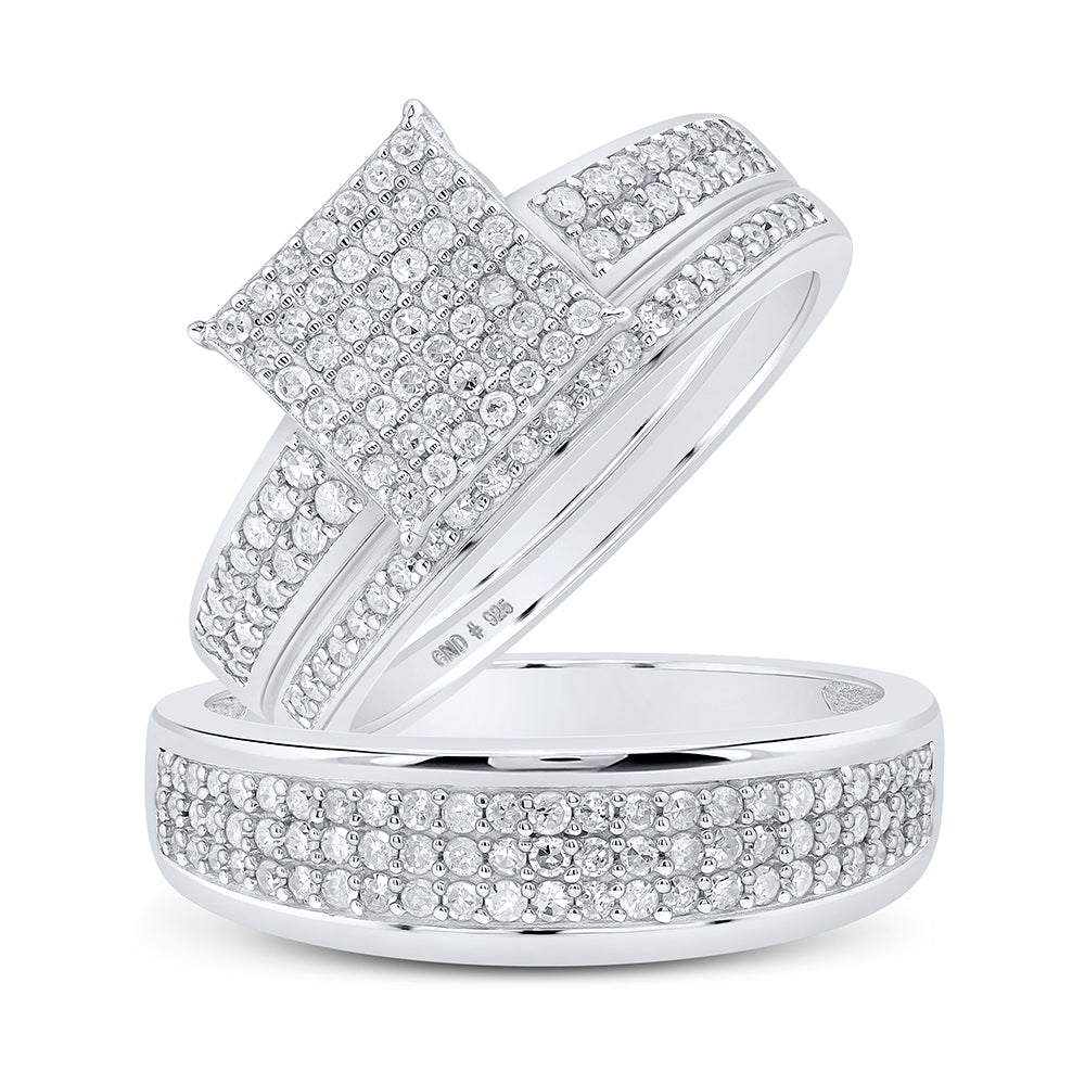Sterling Silver His Hers Round Diamond Square Matching Wedding Set 7/8 Cttw, Womens Size: 5-10, Mens Size: 7-13