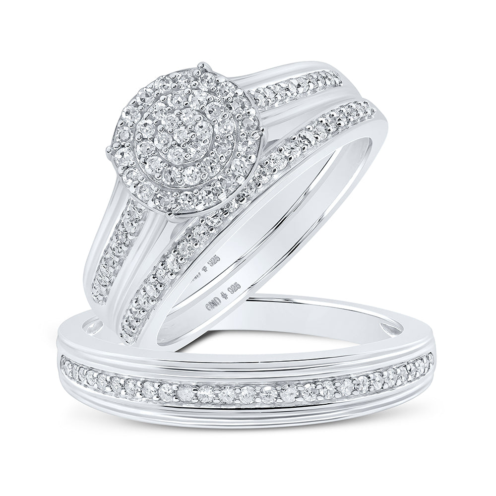 Sterling Silver His Hers Round Diamond Cluster Matching Wedding Set 5/8 Cttw, Womens Size: 5-10, Mens Size: 7-13