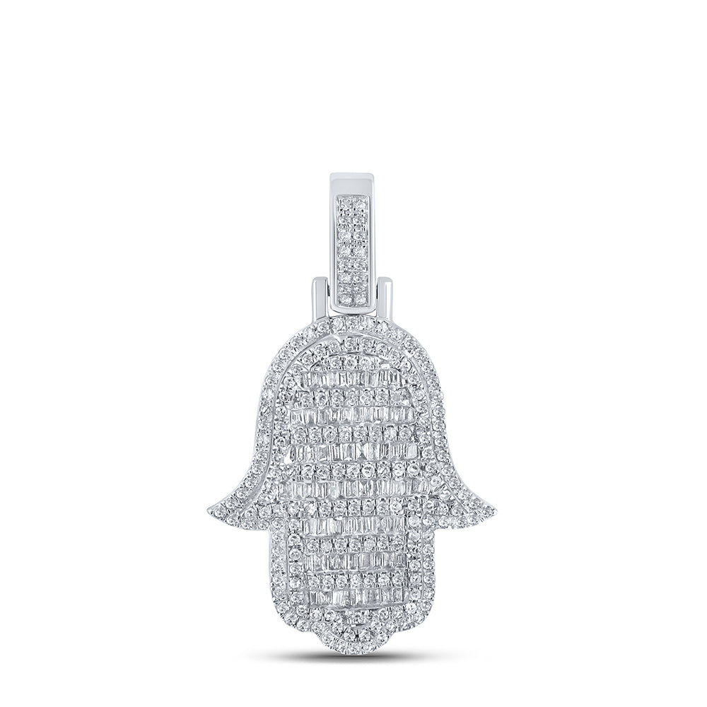 10K White Gold Mens Baguette Diamond Hamsa Charm Pendant 7/8 Cttw, Length: 1.28 In, Width: 0.75 In