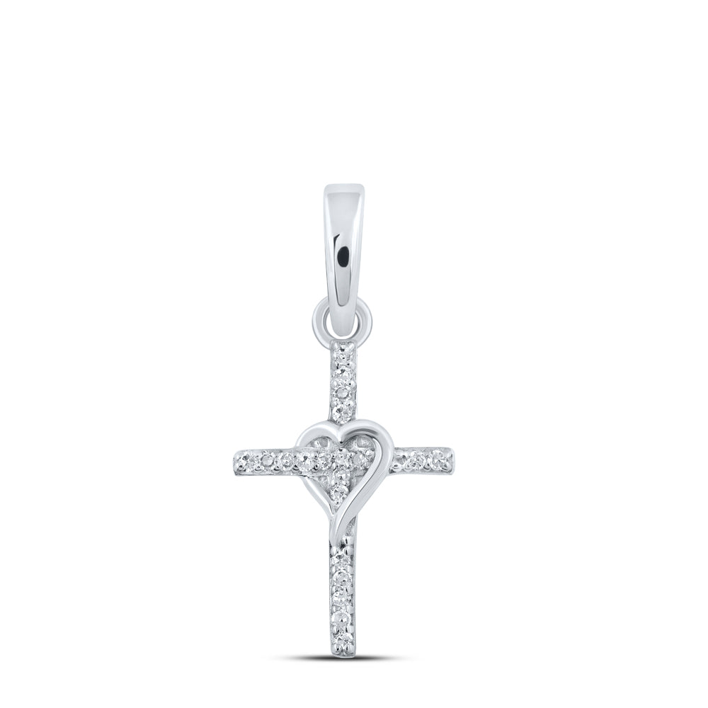10kt White Gold 1/20 Cttw Diamond Heart Cross Pendant