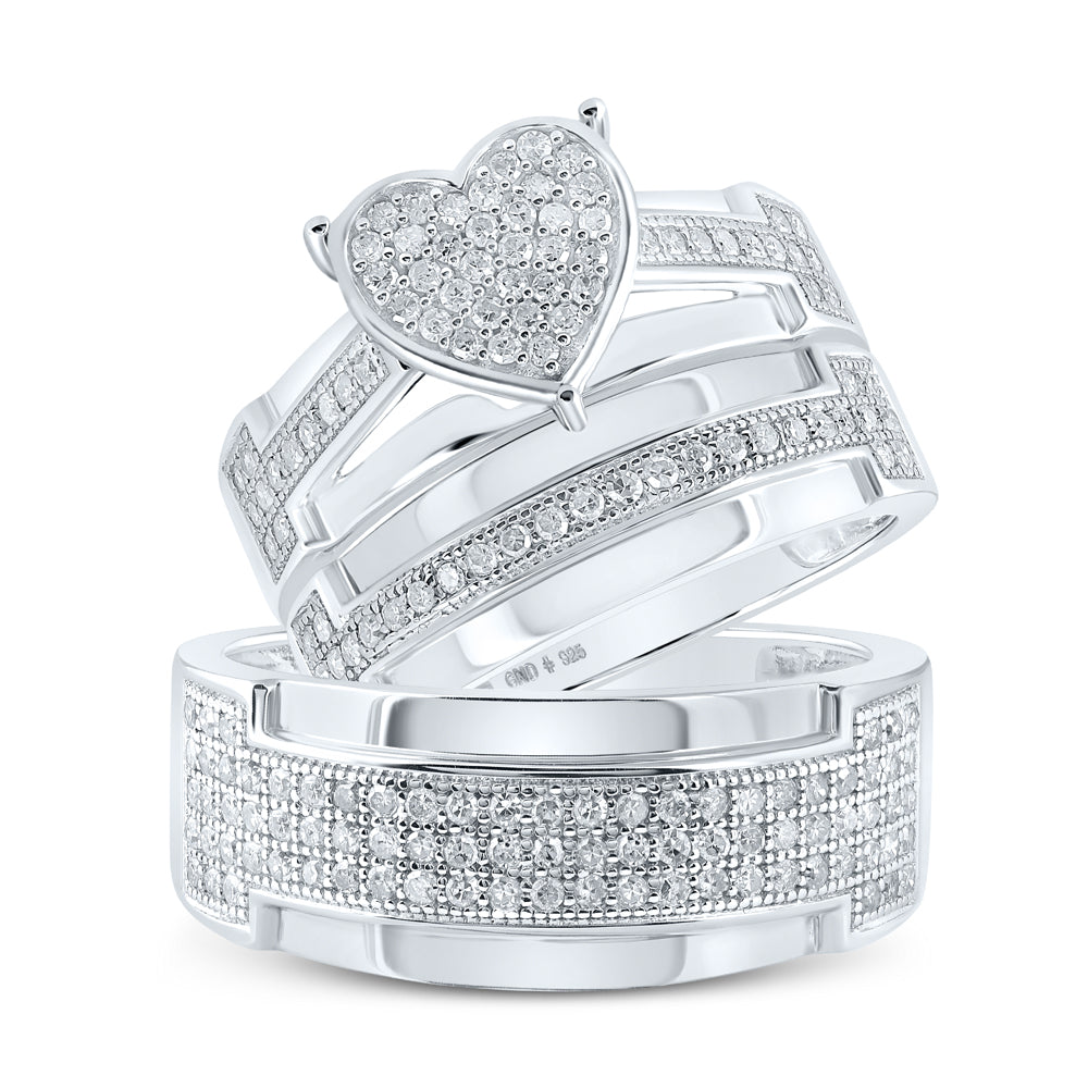Sterling Silver His Hers Round Diamond Heart Matching Wedding Set 7/8 Cttw, Womens Size: 5-10, Mens Size: 7-13