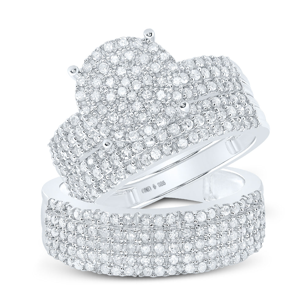 Sterling Silver His Hers Round Diamond Cluster Matching Wedding Set 1-3/8 Cttw, Womens Size: 5-10, Mens Size: 7-13